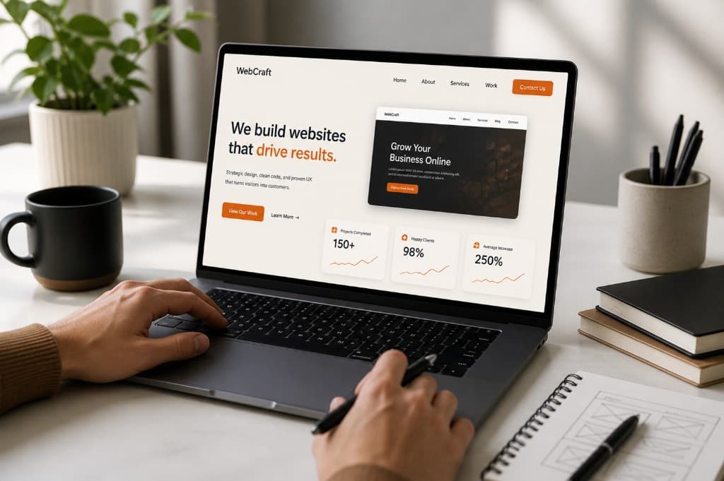 Hand holding a smartphone with a crisp product UI—premium web and mobile experience.