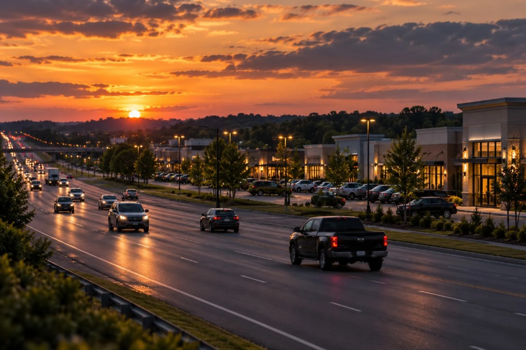 Concord-area commercial corridor at sunset — Cabarrus demand and local service-business market context
