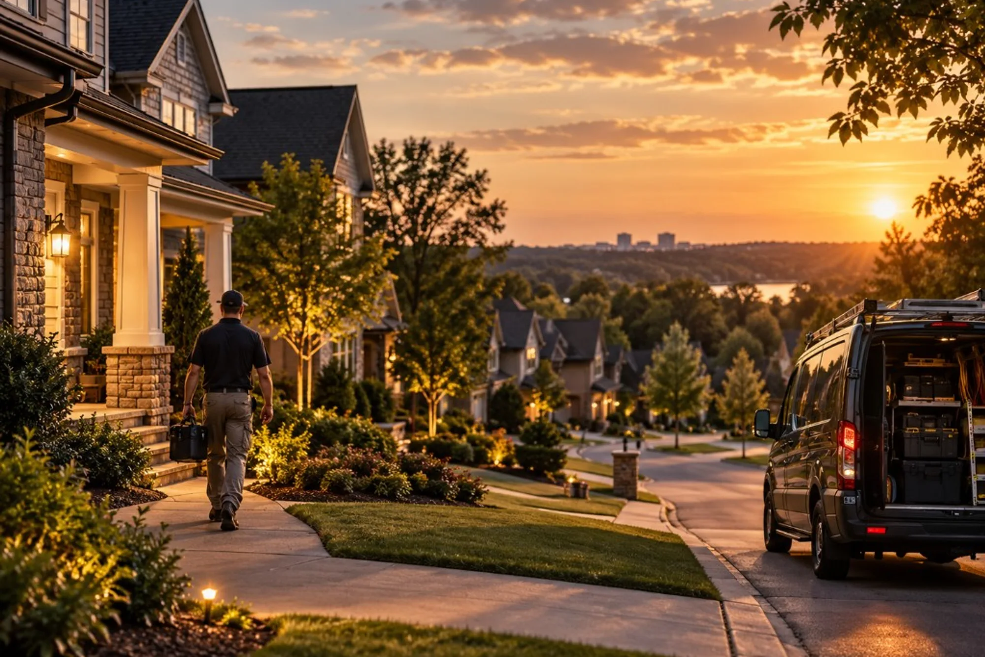 Home-service technician arriving at a Fort Mill–area residential home at sunset
