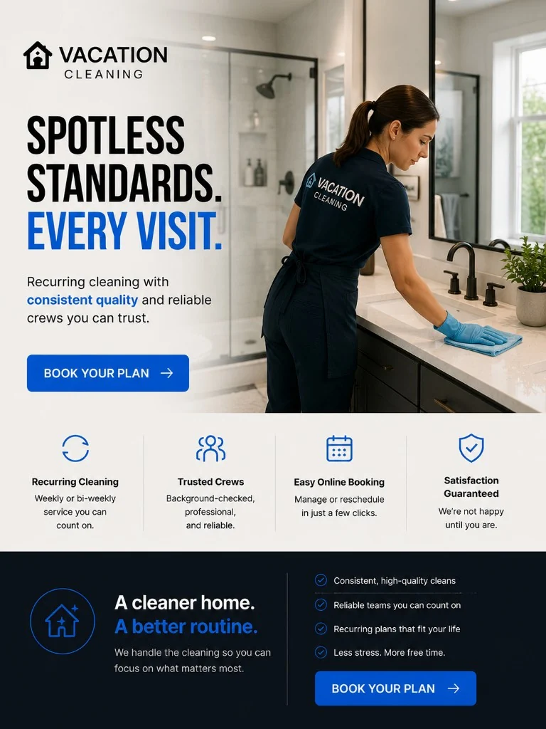 Premium recurring cleaning Meta ad with guest-ready home positioning