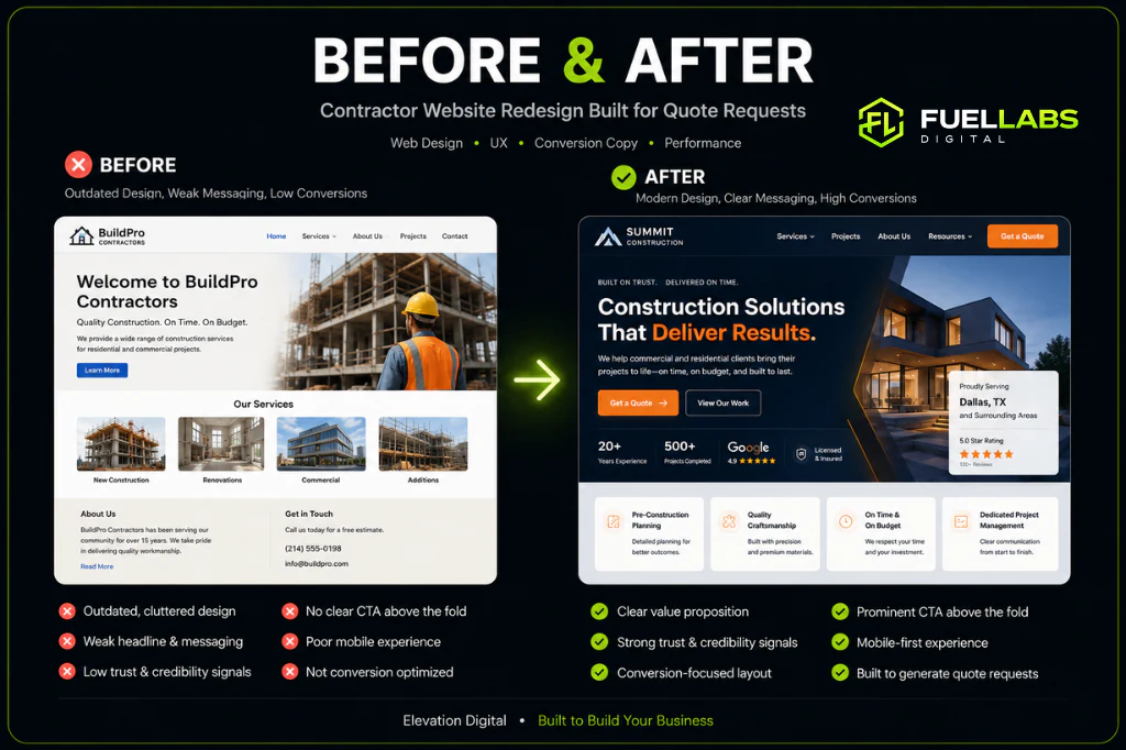 Contractor website redesign before and after comparison built for quote requests.
