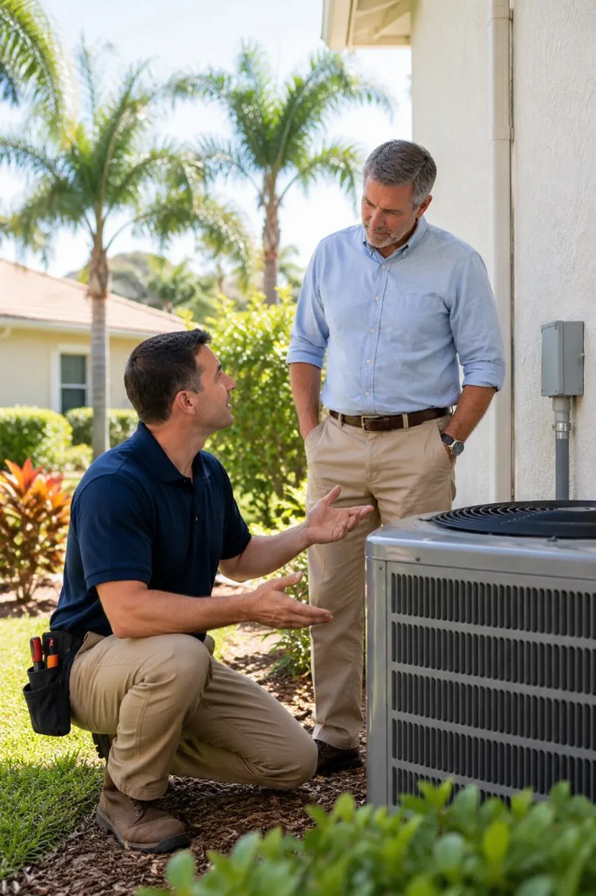 HVAC technician discussing an outdoor air-conditioning system with a homeowner