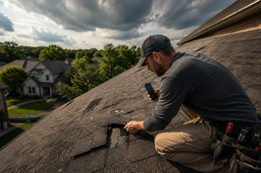 Roofing professional inspecting damaged asphalt shingles on a residential roof