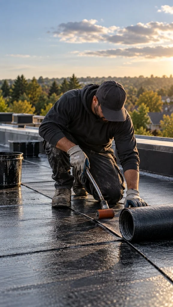 Roofing contractor installing flat roofing membrane