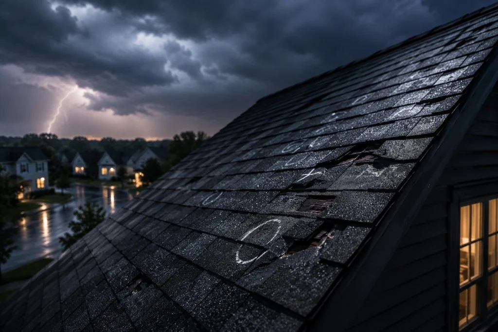 Storm-damaged residential asphalt shingle roof representing different roofing search intents