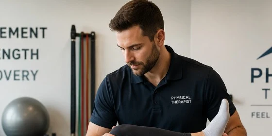 Physical therapist guiding a patient through a lower-body evaluation in a modern clinic