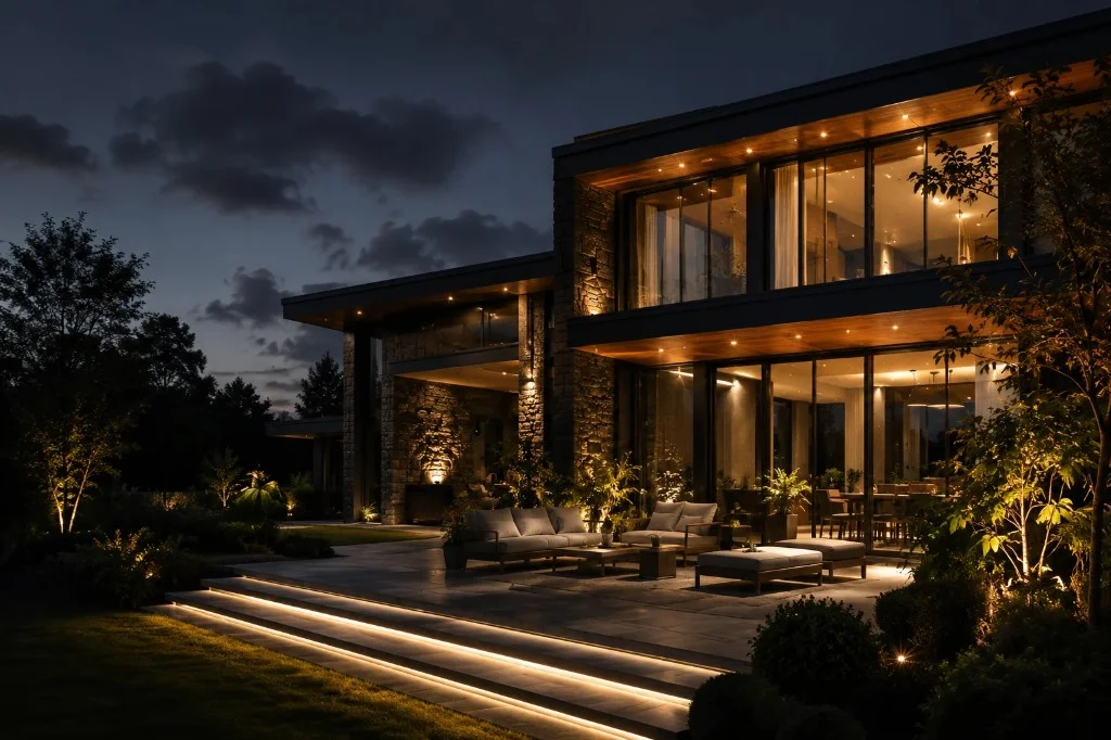 Modern luxury home illuminated at dusk