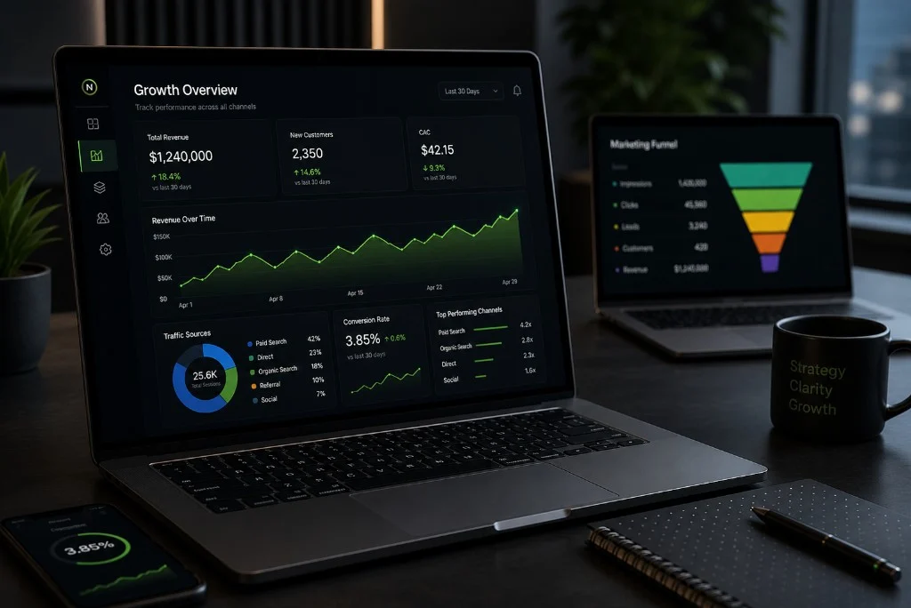 Dark FuelLabs strategy workspace with growth dashboard, funnel analytics, and performance tracking