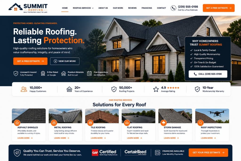 Roofing website design example with conversion-focused hero and service cards