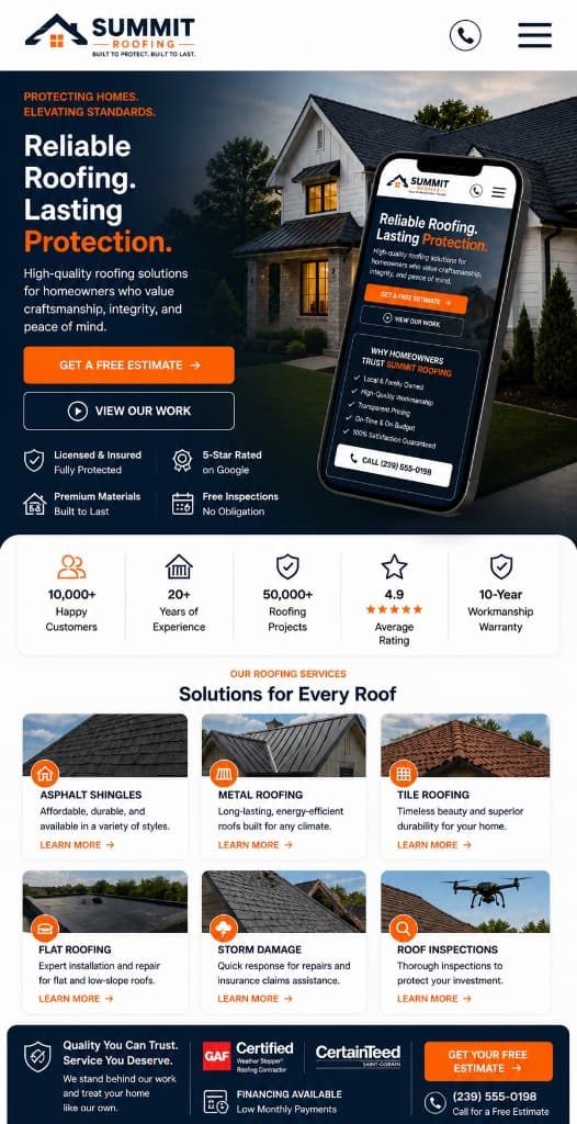 Roofing website design example with conversion-focused hero and service cards — mobile preview
