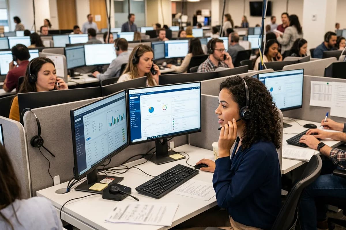 customer service team managing inbound call queue with CRM scripts for a local business