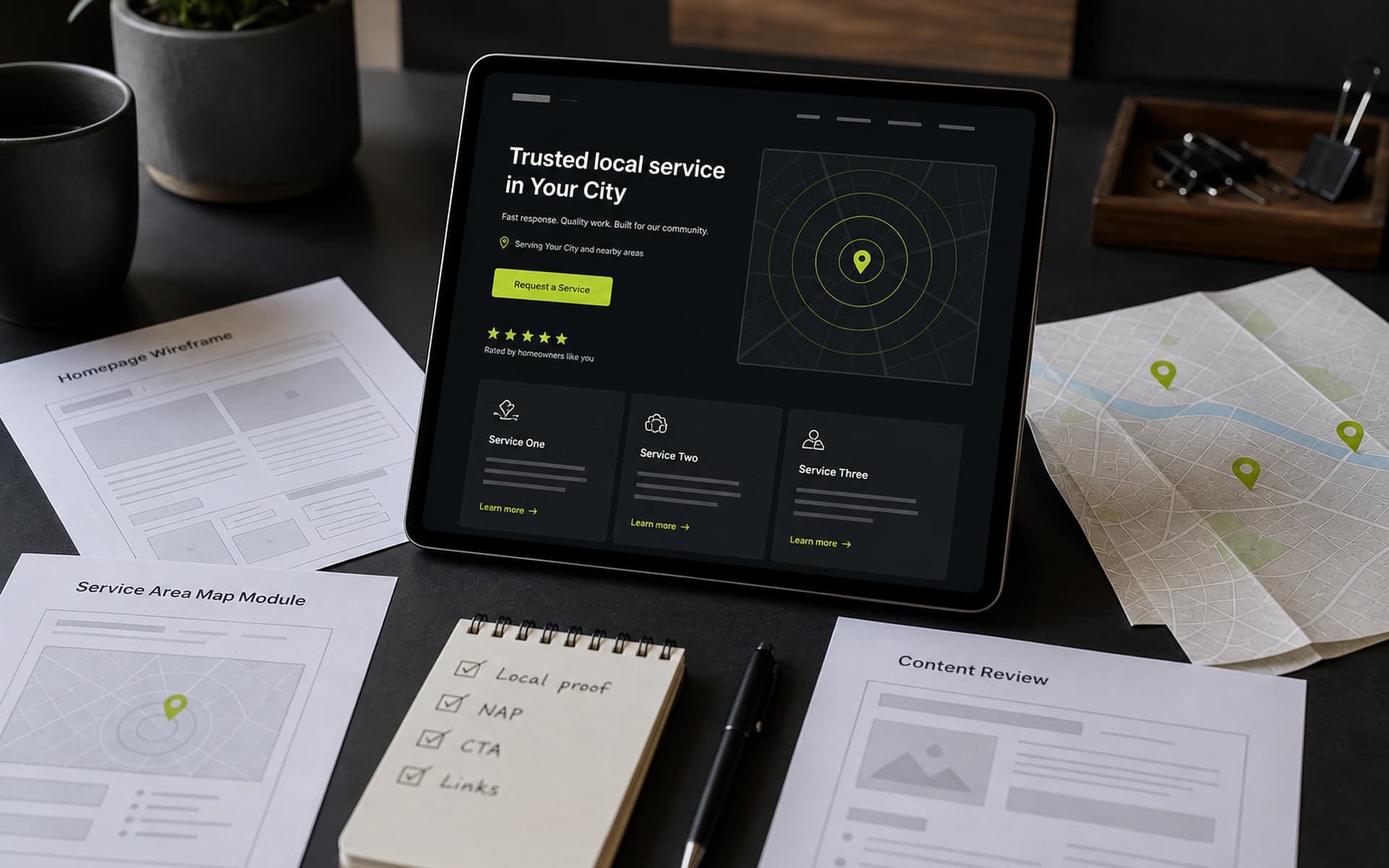 City landing page wireframes, local service area map, and quality-review checklist on a professional workspace