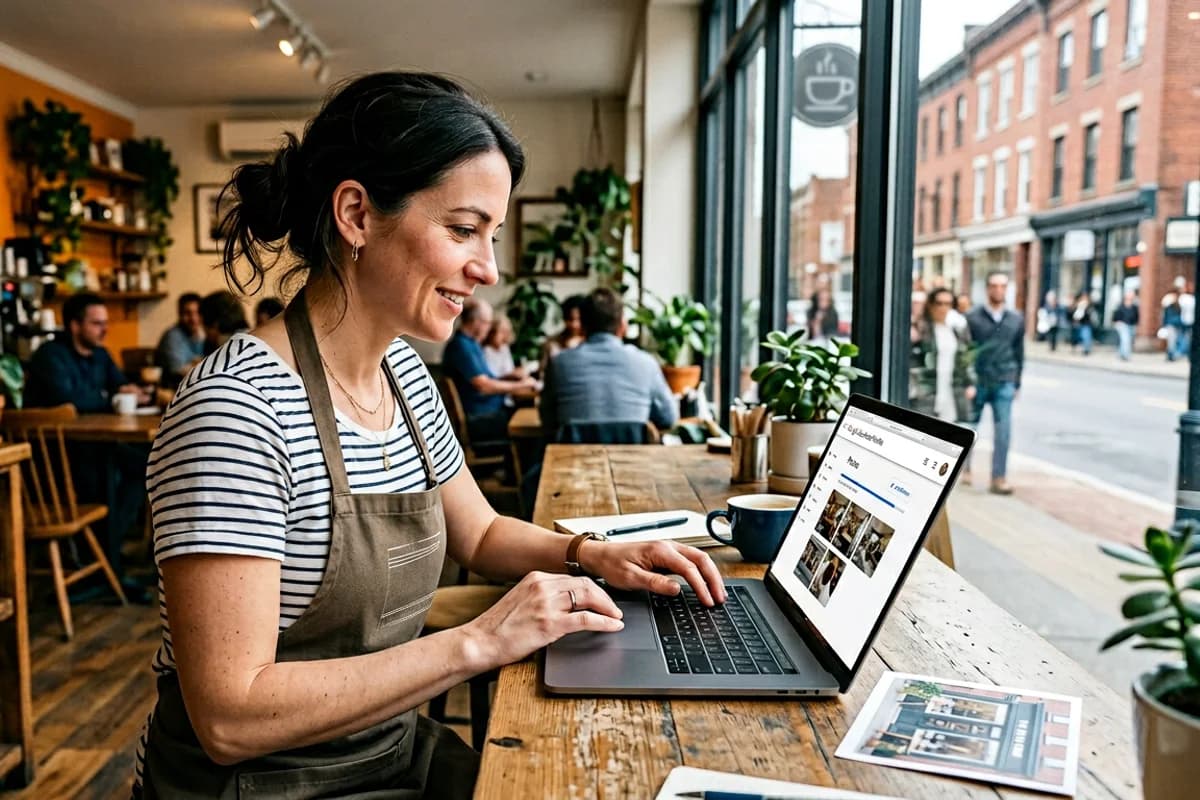 business owner updating Google Business profile photos and categories on a laptop