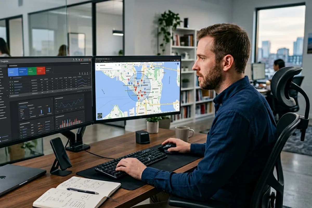 paid search specialist matching local keyword themes to ad copy on dual monitors
