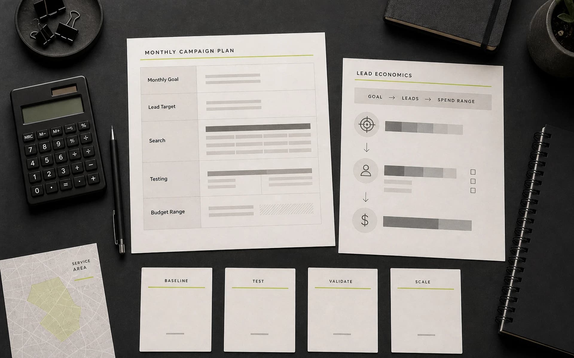Google Ads budget planning workspace with lead targets, spend allocation, and testing phases