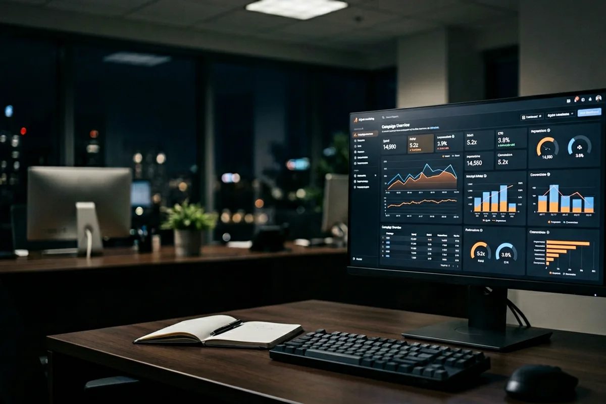 close-up of a computer screen showing a search marketing analytics dashboard in an office