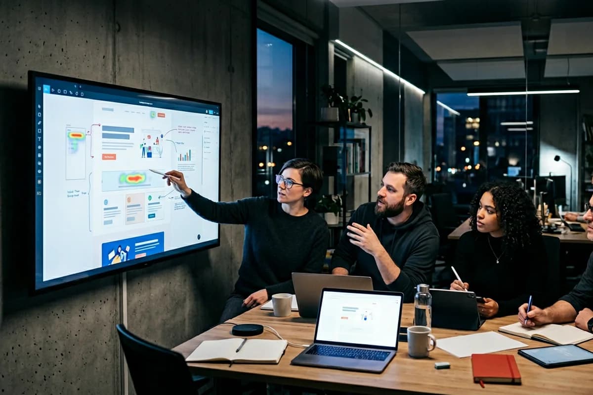 team reviewing a landing page design on a large monitor to improve conversions