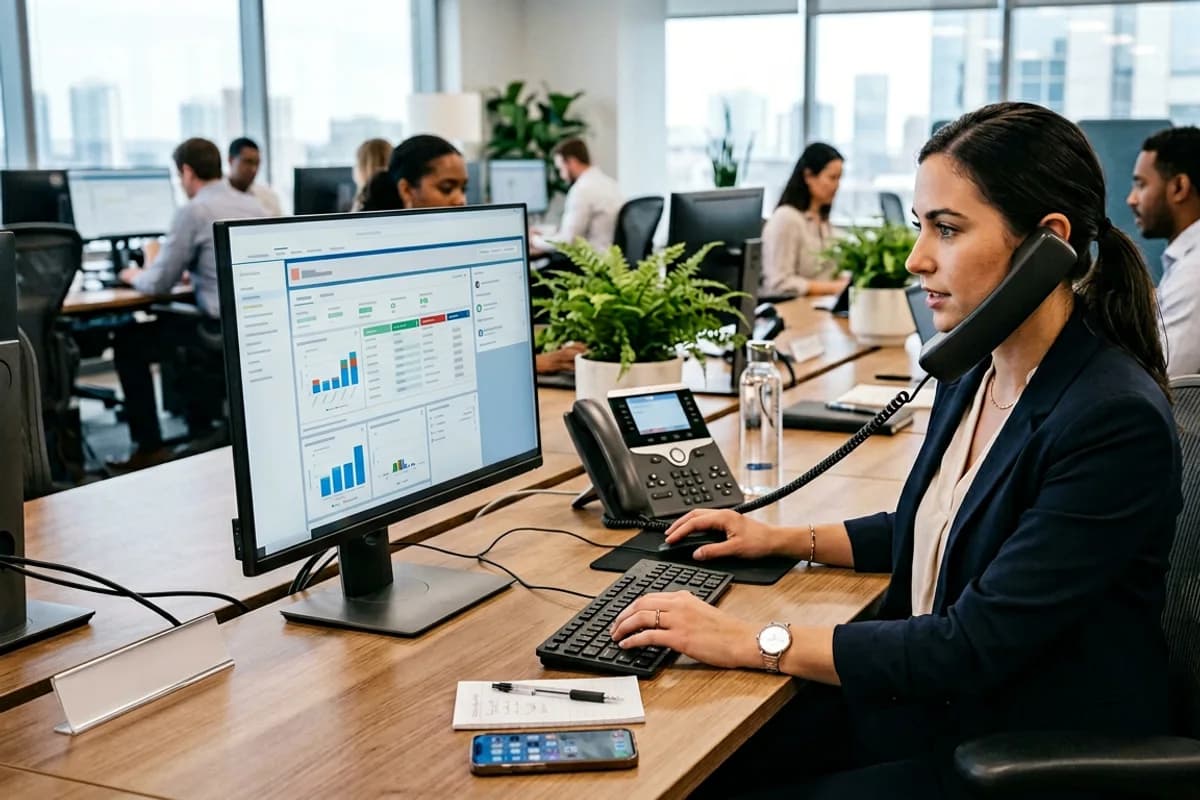 receptionist responding to a phone lead with CRM on screen at a service business office