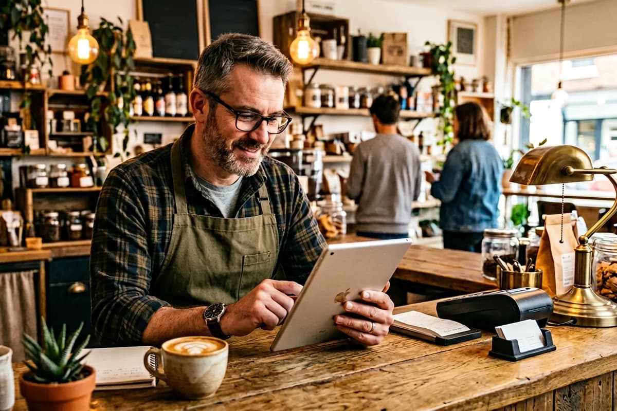 small business owner replying to online reviews on a tablet at a service counter