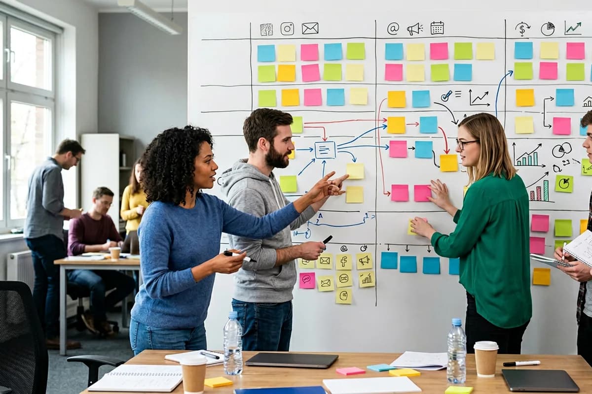 strategic marketing sprint timeline with 90 day milestones on a board in a team workshop
