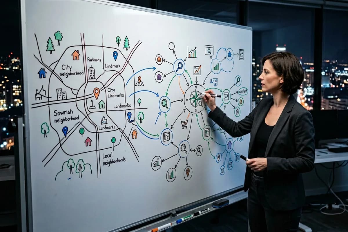 marketing strategist mapping local service content cluster structure on a whiteboard in an office