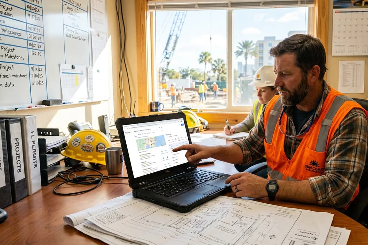 contractor business owner working on local search visibility on a laptop in a project office