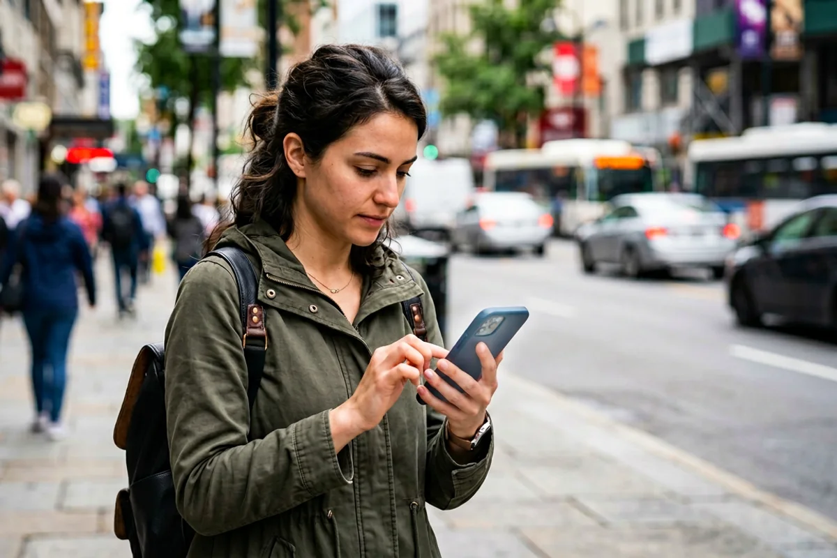 field technician searching for a local service on a phone outdoors, motion blur on city background