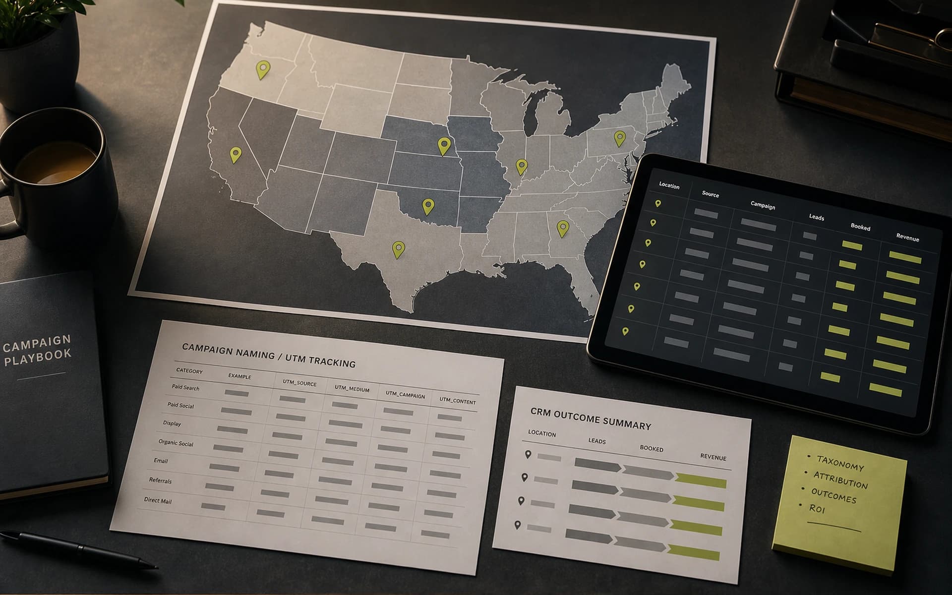Location-level marketing attribution map, UTM tracking matrix, and CRM revenue dashboard