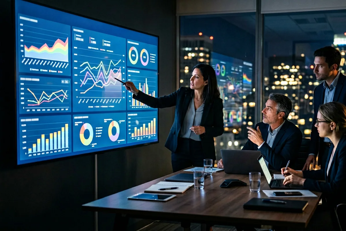 executives reviewing paid media budget and performance dashboards in a boardroom