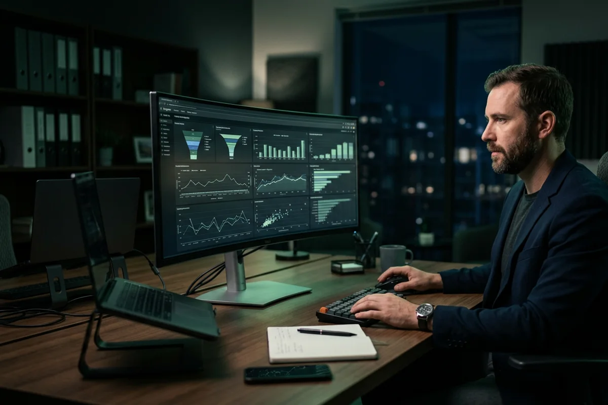 marketing lead reviewing Google Ads performance metrics on an ultrawide monitor in a modern office