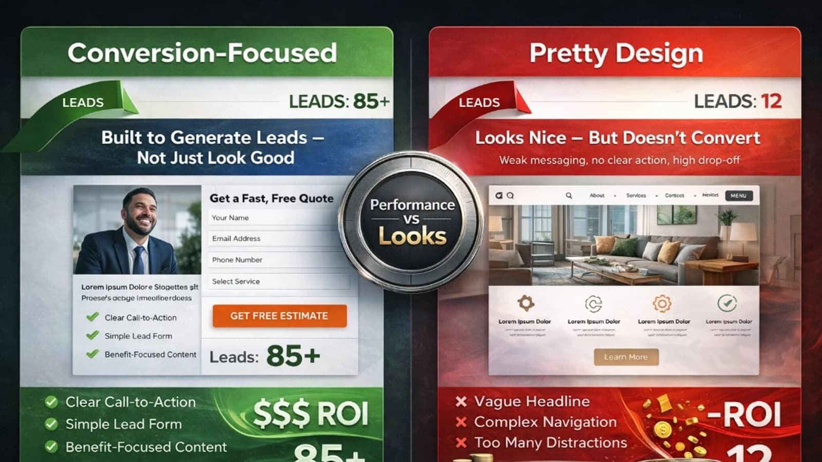comparison between conversion focused website layout and pretty but low converting design