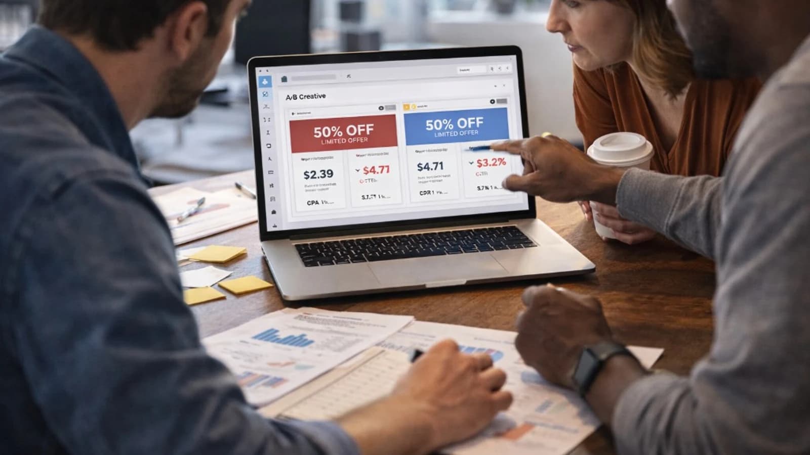marketing team reviewing a b tested ad creatives to reduce cost per lead