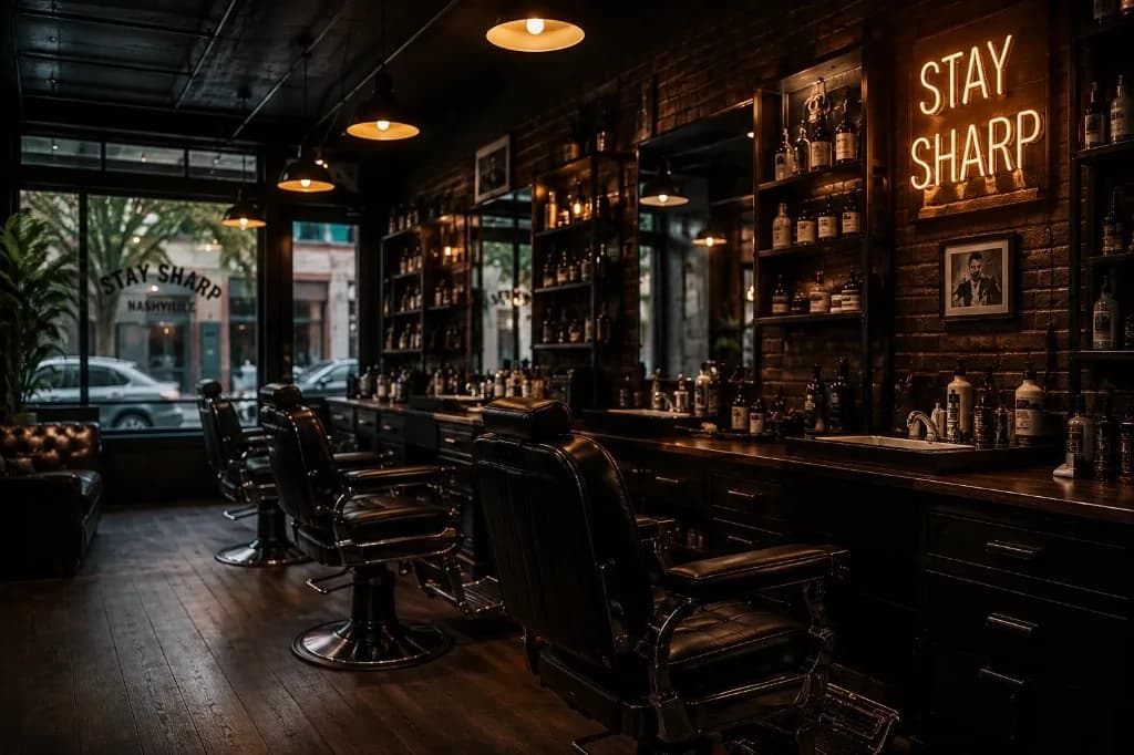 Premium barbershop interior with dark leather chairs, warm pendant lighting, and a Stay Sharp neon sign.