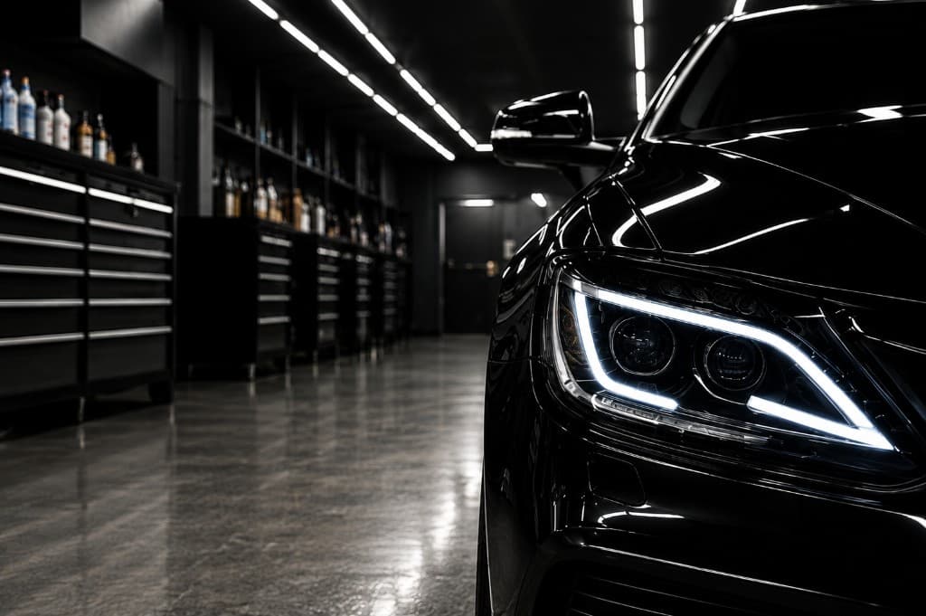 Illustrative polished car in a detailing studio representing the after state