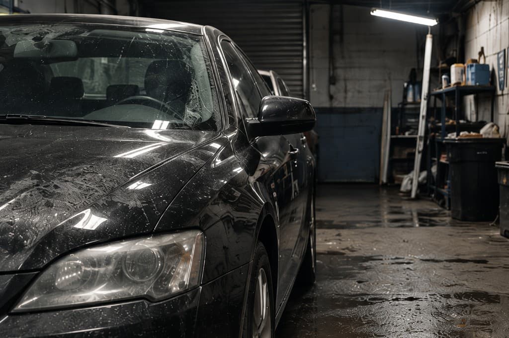 Illustrative dirty car in a workshop representing the before state