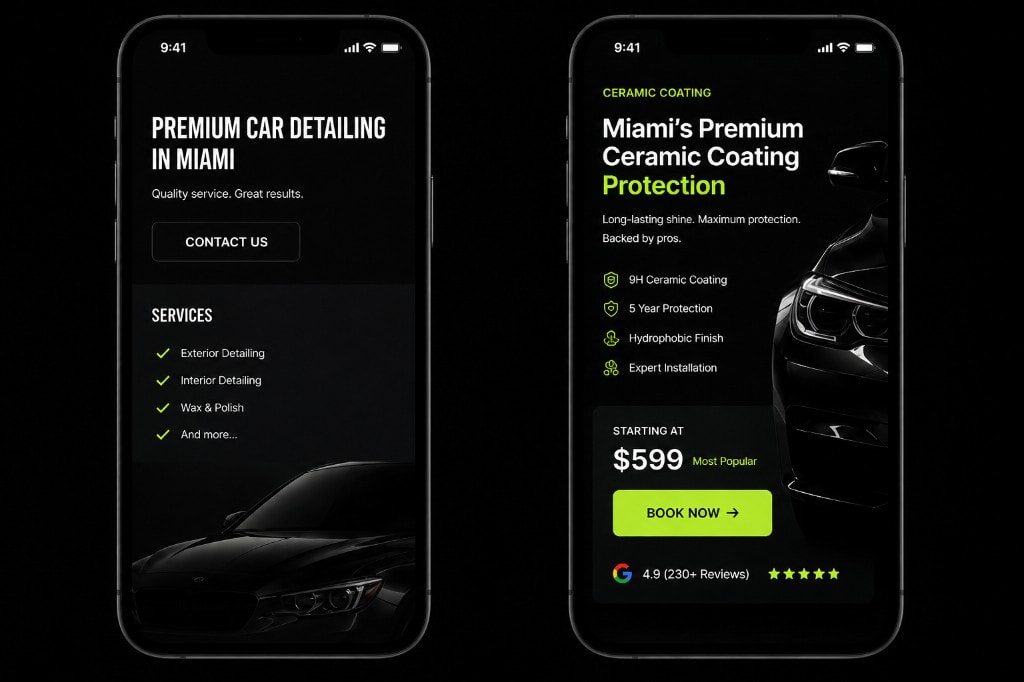 Illustrative before and after mobile landing page concepts for car detailing