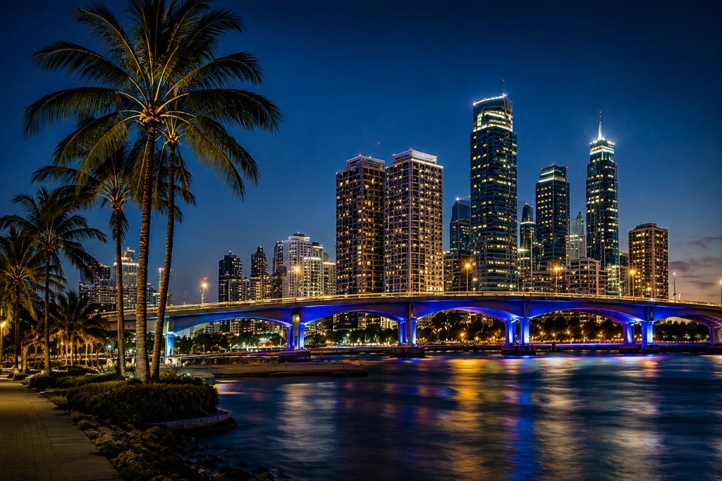 Miami skyline and waterfront at night