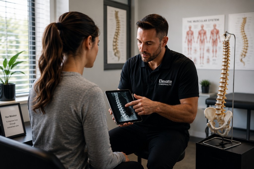 Chiropractor reviewing a spinal assessment with a patient in a modern clinic