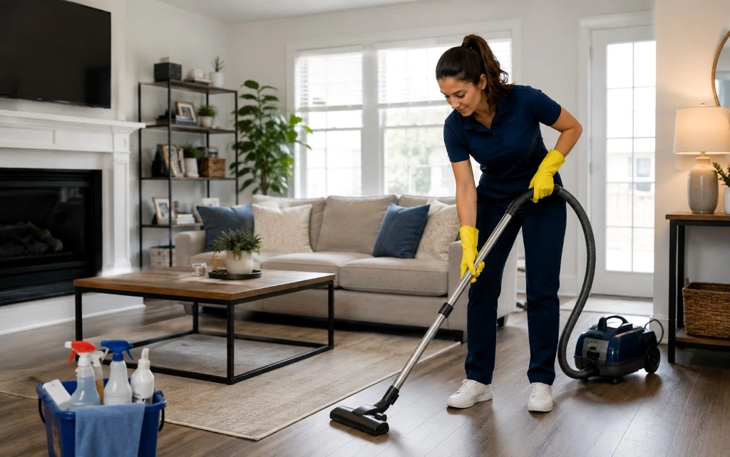 Professional residential cleaner vacuuming a modern living room during a recurring home cleaning
