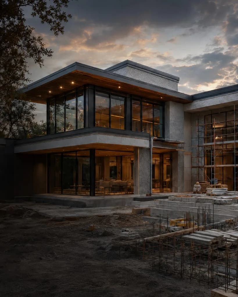 Modern custom home under construction with illuminated glass walls at dusk