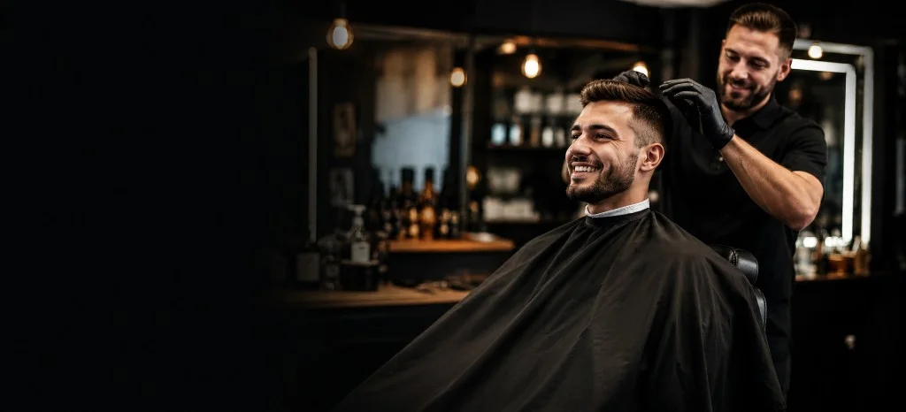 Smiling barbershop client during a haircut with the barber working behind him.