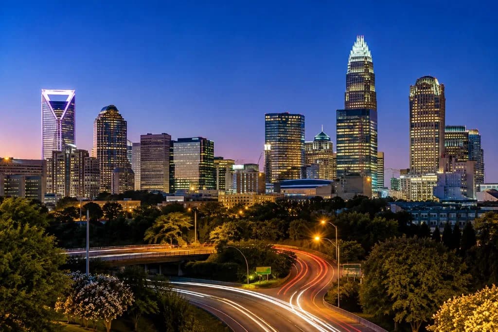 Charlotte, North Carolina skyline at dusk with illuminated buildings and highway light trails