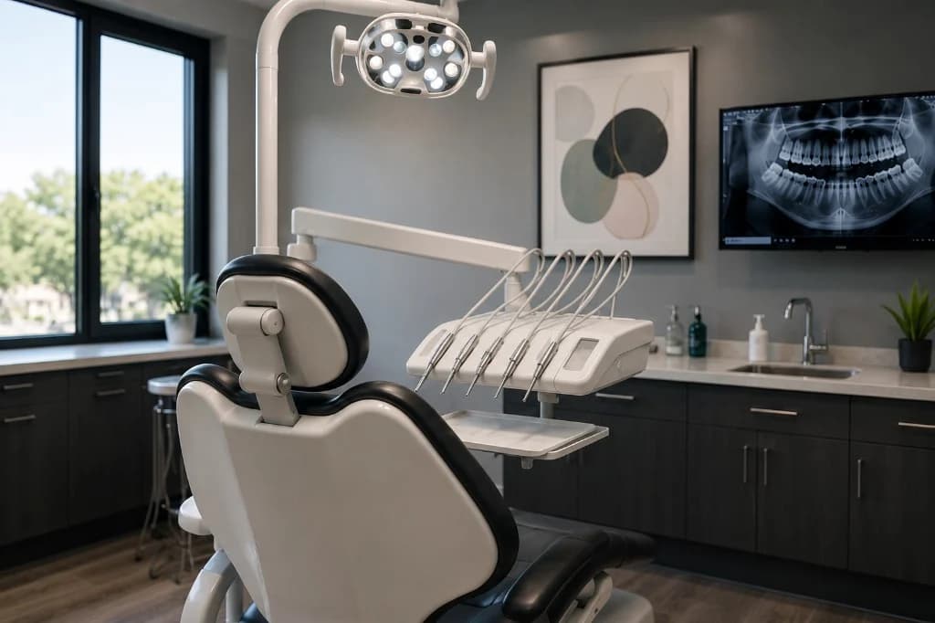 Modern dental clinic interior with chair, operating light, and panoramic x-ray display