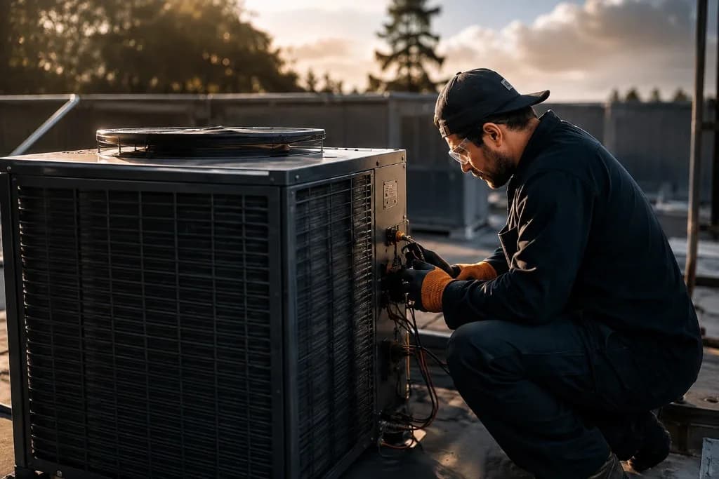 HVAC technician servicing a rooftop condenser unit in warm sunlight — Phoenix field-service context