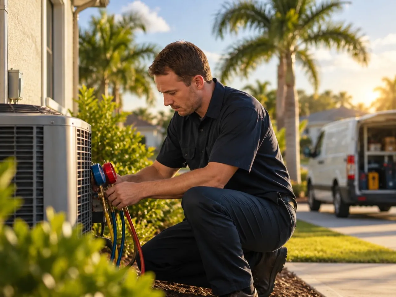 HVAC technician servicing a residential outdoor AC unit with manifold gauges during a Gulf Coast Comfort Google Ads case study.
