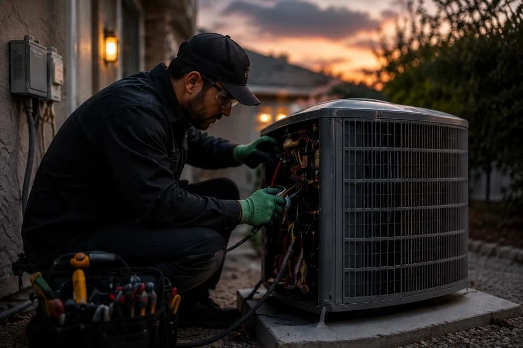 HVAC technician servicing a residential outdoor air-conditioning unit.