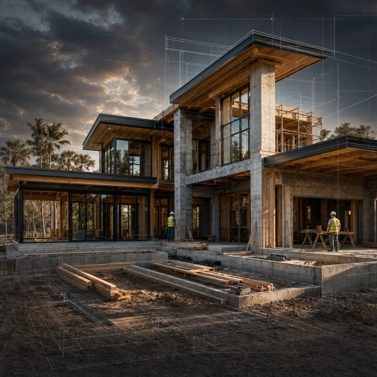 Modern concrete-and-glass custom home under construction at dusk with blueprint overlay lines and workers on site