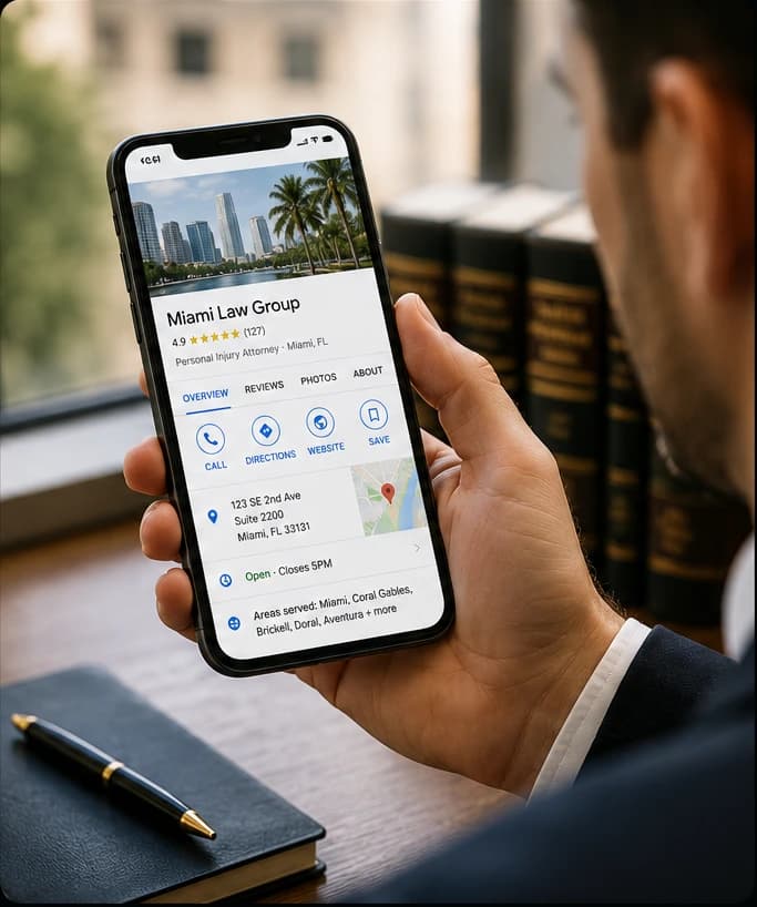 Legal professional reviewing a local business profile on a smartphone for the Miami law firm local SEO case study
