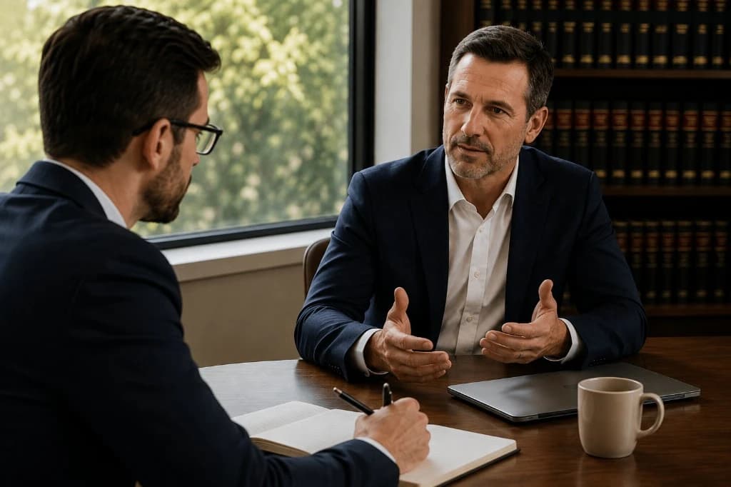 Legal professionals discussing a client matter in an office, representing the review momentum strategy in the Miami law firm case study