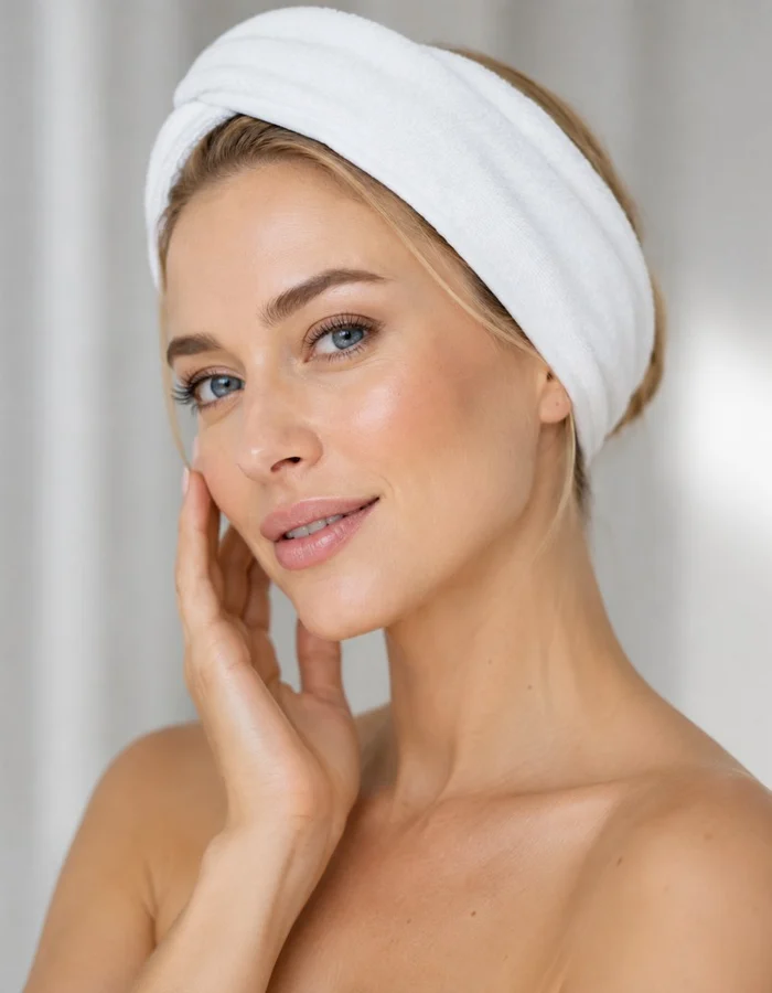 Illustrative med spa creative showing a client with a spa headband and natural glowing skin